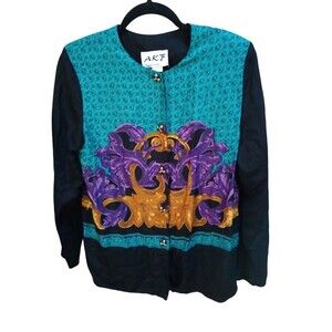 A.K.F. New York Vintage Size 14 Art Black Long Sleeve Button Up